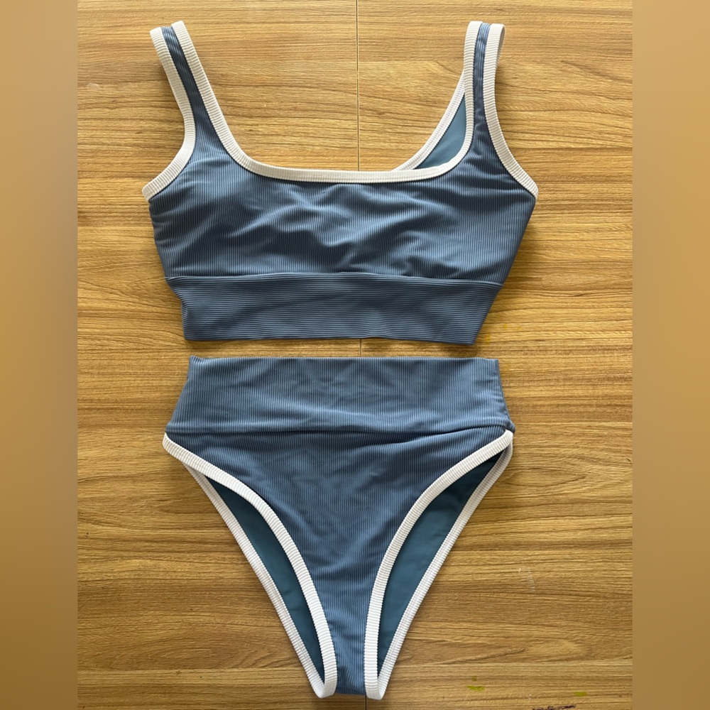 LainSnow Blue Ribbed Bikini Set with White Trim